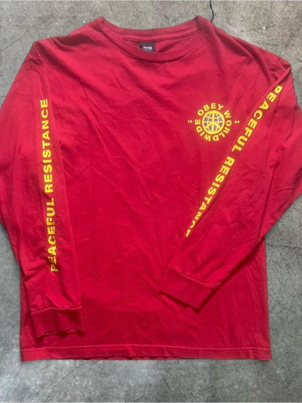 Obey Red Long Sleeve Tee with Yellow Sleeve Graphics